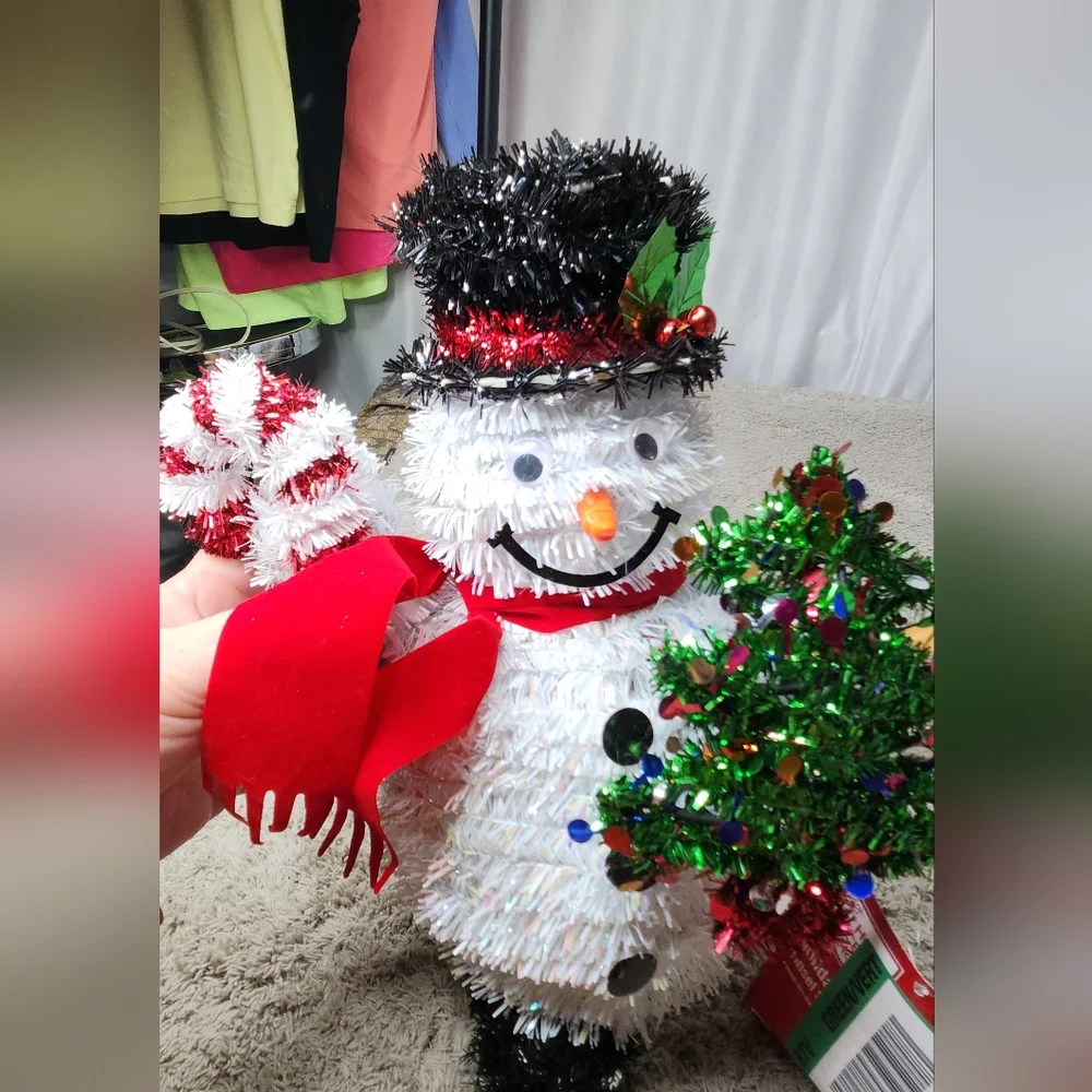 Festive Snowman Decoration with Candy Cane and Tree